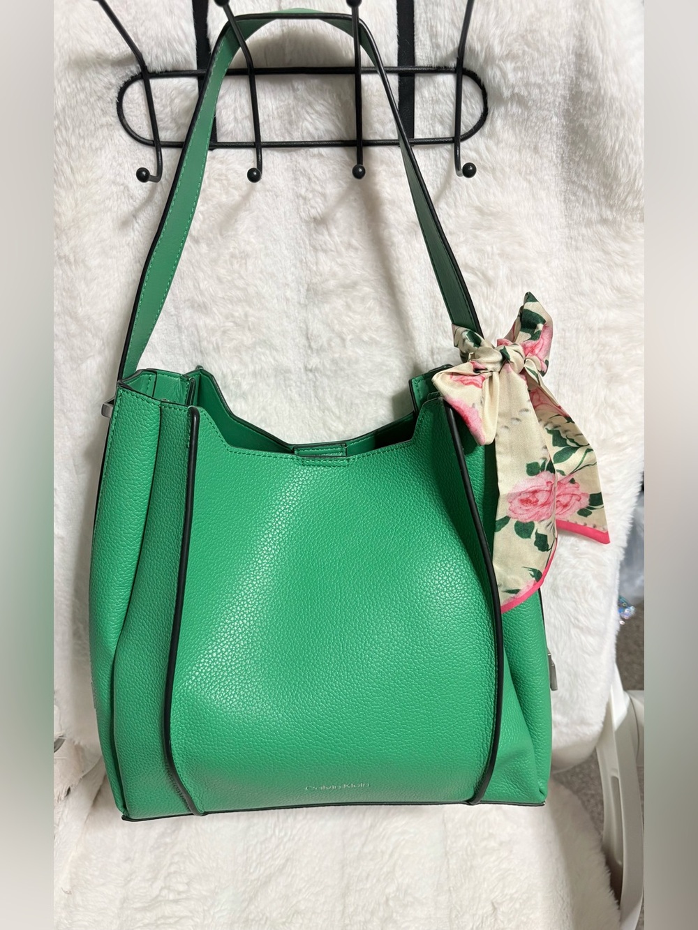 Calvin Klein Green Pebbled Hobo with Floral Scarf
